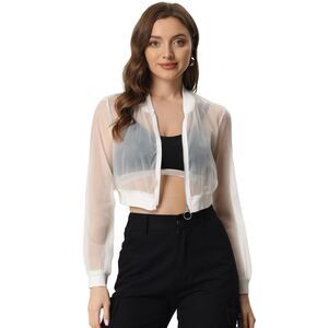 Bomber Jacket Long Sleeve Crop Mesh Sheer Jackets White